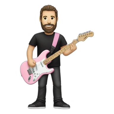 white man with dark beard and black t shirt and pastel pink stratocaster electric guitar sticker