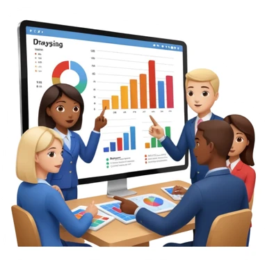 group of people pointing at a digital presentation screnn full of charts and graphs sticker