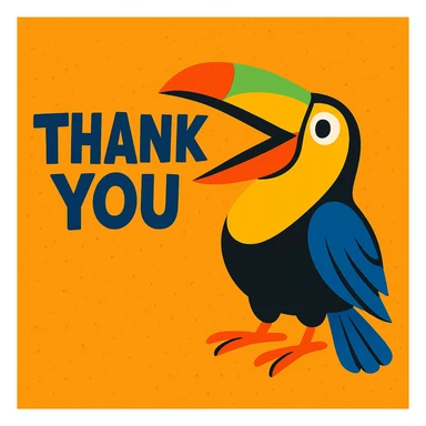 cheerful toucan in vivid colors beak open as if speaking with words 'thank you' in fun font sticker