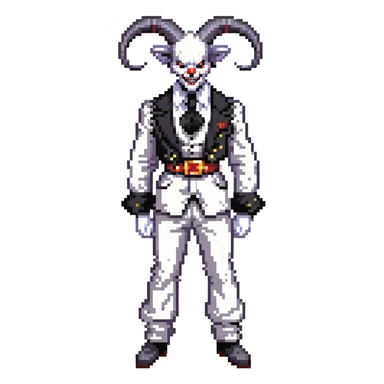 full-body demonic clown in black and white leisure suit with bellbottom pants, bald, black ram horns, flashy black and white belt, ruffled white shirt, no neck tie, large fangs sticker