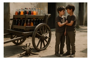 Bir g'ildiragi singan ichimliklar ortilgan arava uning yonida aka uka bir biriga havotirli nigoh bilan qarab turibdi realistik uslubda yuzi ko'rinmasin sticker