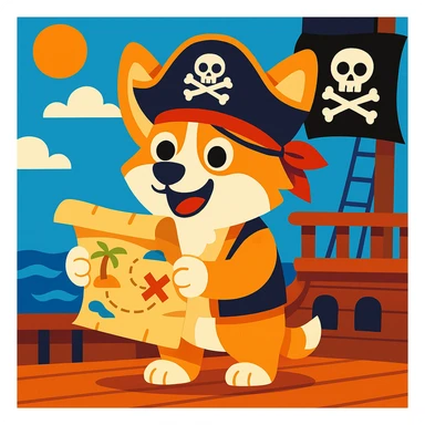 cartoon pirate corgi holding a treasure map on a pirate ship sticker