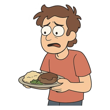 cartoon-style person holding a plate of food, looking uncertain, expressive face, clear body language sticker