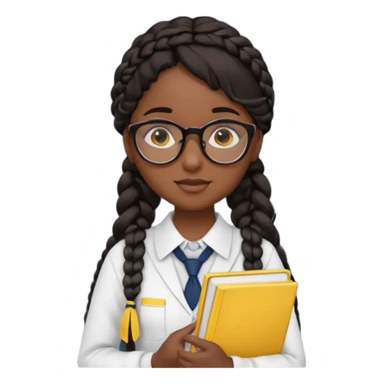 Girl student wearing uniform, glasses, hold yellow book in front of their chest, black braided hair, dark skin sticker