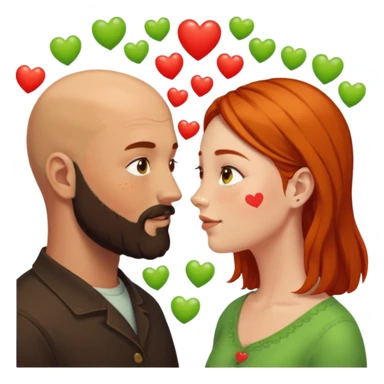 Couple. Bald man with dark brown-black beard. Woman with freckles, white skin and she has orange, auburn-yellow-brown hair. She has light yellow-green-brown eyes. He have hazel eyes. They look at each other. Many small red hearts around them. sticker