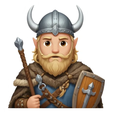 A tall Viking with braided blond beard, fur cloak, and heavy axe resting on his shoulder with horned helmet sticker