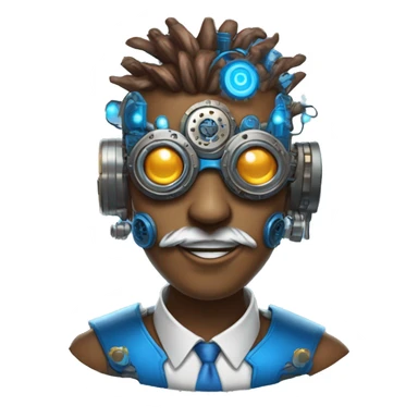 Brown cyborg head with blue Mohawk, blue beard, silver steampunk monocle goggles a smile and circuits sticker