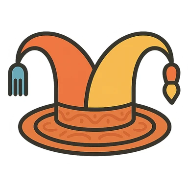 minimalist branding logo of a jester's hat with a fork and a paintbrush as two bells, sitting on a round plate with subtle ceramic patterns, warm inviting flat colors, playful yet professional, creative culinary and pottery workshop sticker