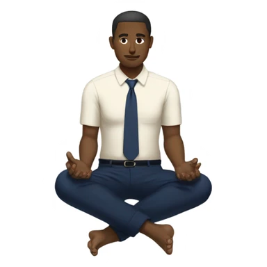 man meditating sitting down with cream dress shirt and navy blue pants . no tie sticker