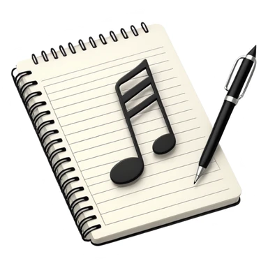 Minimalistic flat vector icon, iOS style, thin black contour on white background. Small notebook with a musical note on the cover, a pen placed next to it. Clean, modern, no text, no shadows. sticker