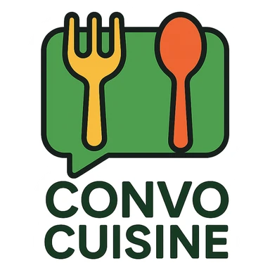 green playful logo for Convo Cuisine recipe book with chat bubble and utensils sticker