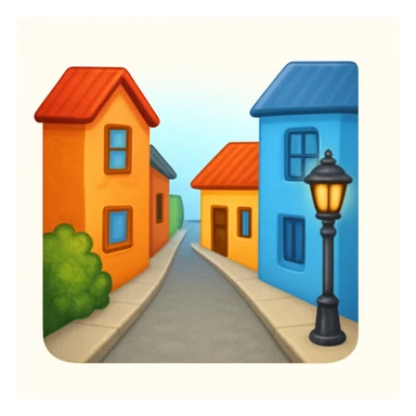 emoji of a small cozy street scene — a narrow road with a sidewalk, a few colorful buildings on the sides, and a streetlight. Soft daylight, clean design, minimal background, cheerful and detailed Apple emoji style sticker