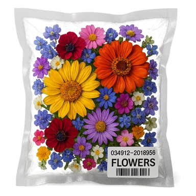 variety of small flowers in different colors, glossy, vacuum-sealed style sticker