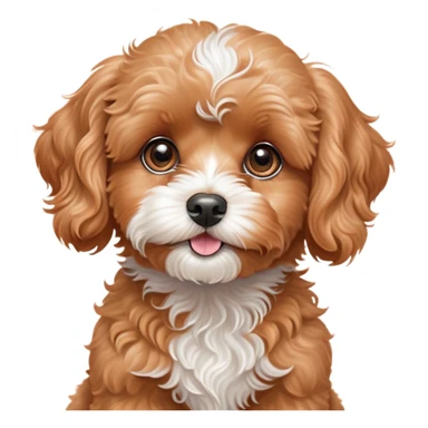 Cinematic Cute Apricot Cavoodle Portrait Emoji, Head tilted playfully and inquisitively, with a fluffy curly apricot coat adorned with subtle white patches, round, sparkling brown eyes filled with curiosity, Simplified yet irresistibly adorable features, highly detailed, glowing with a warm, friendly glow, high shine, affectionate and lively, stylized with a touch of whimsy, bright and endearing, soft glowing outline, capturing the essence of a mischievous yet loving companion, so playful it feels like it could bound out of the screen and into your arms! sticker