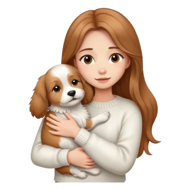 a girl with long light brown hair, in a white sweater, hugs a cute one dog. sticker
