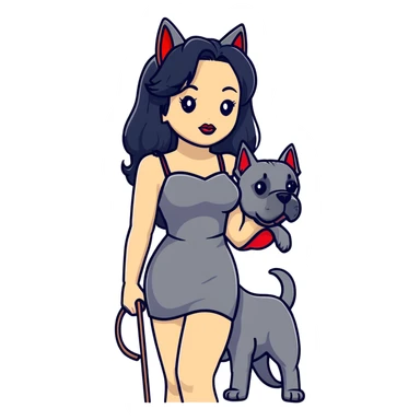 Fashionable woman in sling dress with long black hair, big red lips, and Cane Corso dog ears and short tail sticker