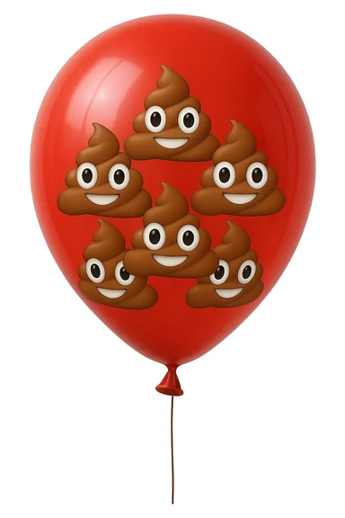 emoji stile iphone di un palloncino rosso pieno di 6 cacche con gli occhi, iperrealistico 4k sticker