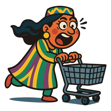 cartoonish Uzbek woman with a shopping cart, exaggerated emotions sticker