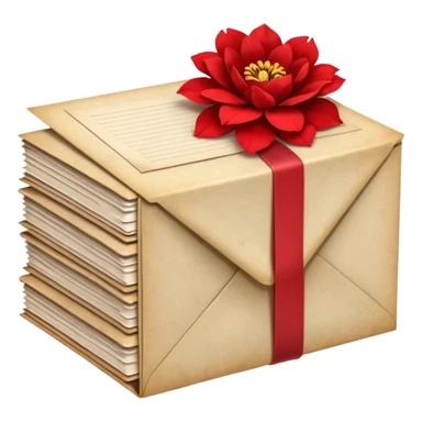 A beautifully arranged Stack of aged letters, tied with a red ribbon, envelopes, corespondence, aesthetic, red flower petals around, mails sticker