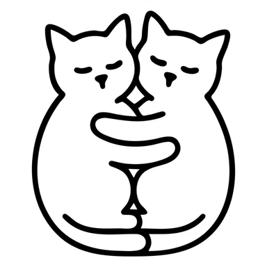 Two cats hugging each other, icon style, black outlines, no fill, simple and clean lines. sticker