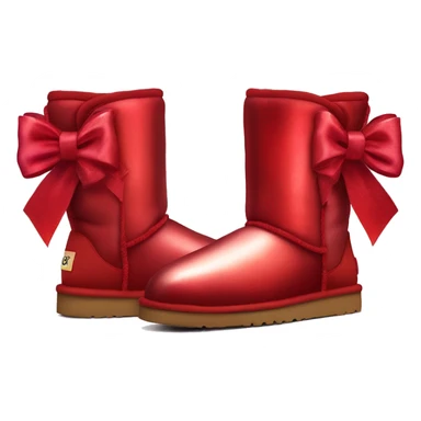 Pair of iridescent red Ugg fur boots with red silk ribbon bows. sticker