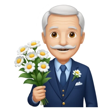 homme âgé en costume bleu foncé souriant avec moustache portant un bouquet fleurs blanche  sticker
