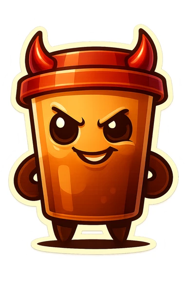 Tall coffee cup, devil horns, smirking, evil sticker