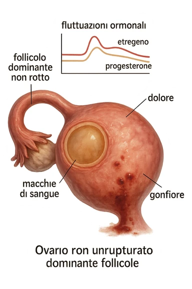 realistic and cinematic illustration of an ovary with an unruptured follicle, low progesterone, hormonal fluctuations, symptoms of spotting, pain and swelling, clinical details, captions in Italian sticker