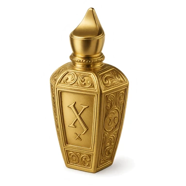decorative ornate perfume bottle shape inspired by Xerjoff, with gold accents and luxurious feel, no characters, just bottle design sticker