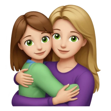 Maman cheveux marrons yeux marrons peau blanche et fille cheveux blond yeux verts peau blanche qui se font un câlin  sticker