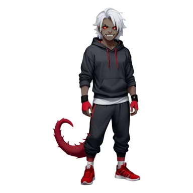 Male adult, black grey skin, red eyes, white hair, sharp teeth, bandages on arms, charismatic grin, scar on cheek, messy hair, shoulder length hair, sharp jawline, lanky athletic physique , Hoodie, baggy sweat pants, glowing eyes, tall, wearing sneakers, thin demon tail, black socks, hood up, looking at viewer, 

chibi, , rows, =, emojis, mischievous sticker