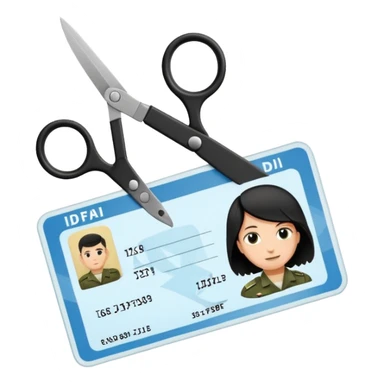 Floating black Scissors cutting in half an idf soldier ID card with a little chip in 2 parts sticker