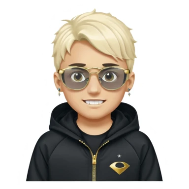un emoji de un chico emcapuchado blanco, dientes de oro, com uma chaqueta negra nike tech y unas gafas de oakley, con pendientes de diamante, que las gafas sean estilo cuadradas, los pendientes q no se cuelguen, que sean redondos, en las dos cejas un corte, que las gafas no sean circulares sticker