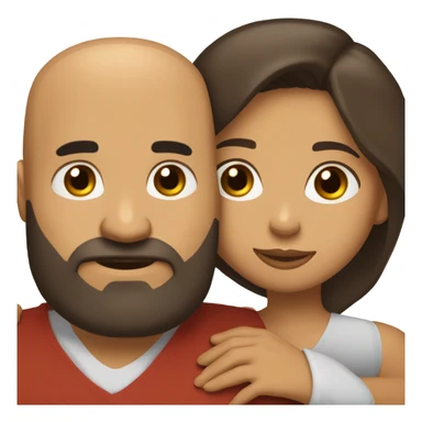 Comforting hug from brunette Puerto Rican with dark brown eyes to short, bald man with brown eyes and a beard sticker