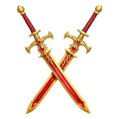 Two crossed swords that are golden in blade and handle and have fiery and royal appearence to them as well as red gem stones yellow in color sticker