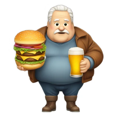 a fat old man with burger snd beer and christmas sticker
