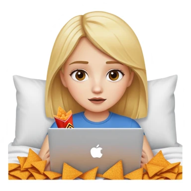 Girl with blonde hair watching TV on her Mac book computer and eating Doritos in bed sticker