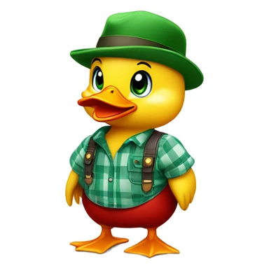 cute fluffy chubby baby duck with hand and wear green hat and red checkered shirt and jeans jumpsuit sticker