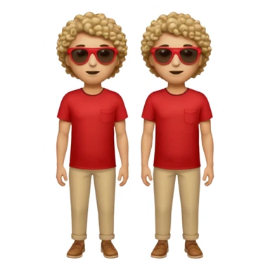 Emoji-style man in a red untucked shirt with rolled sleeves, beige trousers, and sunglasses. Short curly box-cut hair, long triangular face. Looking sideways, removing sunglasses with one hand, the other on his waist. sticker