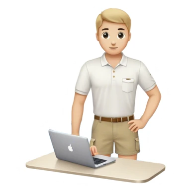Pool attendant supervisor. white polo shirt. khaki shorts. on the computer sticker