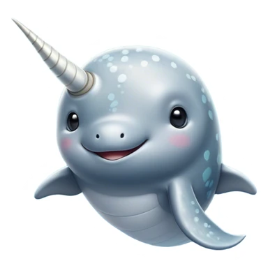 Cinematic Noble Cute Narwhal Portrait Emoji, Poised and graceful, with a streamlined, gently curved body clad in mottled, silvery-gray skin, accented by a long, spiraled ivory tusk and wide, expressive eyes radiating playful intelligence, Simplified yet sharp and sophisticated features, highly detailed, glowing with a cool, frosted ocean glow, high shine, intelligent and enigmatic, stylized with an air of whimsical marine majesty, focused and graceful, soft glowing outline, capturing the essence of a watchful and confident cute narwhal that appears ready to glide out of the screen with effortless charm! sticker