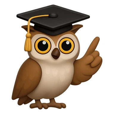 В стилистике эмоджи сгенерируй сову, со шляпой выпускника университета, крылом она мудро показывает вверх, чтобы она своим видом иллюстрировала мудрость и опыт, прозрачный фон sticker