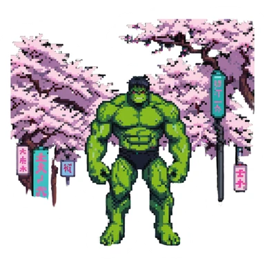 the Hulk standing in a Japanese city with cherry blossoms and neon signs sticker