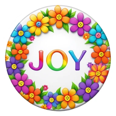 A round psychedelic colored button that says joy with rainbow colored hippie style flowers sticker
