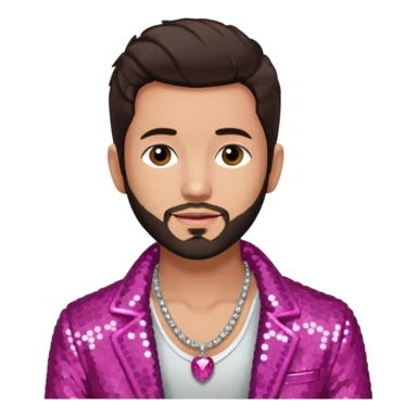 Frankie Zulferino, Pop Singer (b.1990) with dark brown hair and short beard, dark pink sequin jacket, light tan skin, shirtless with necklace sticker