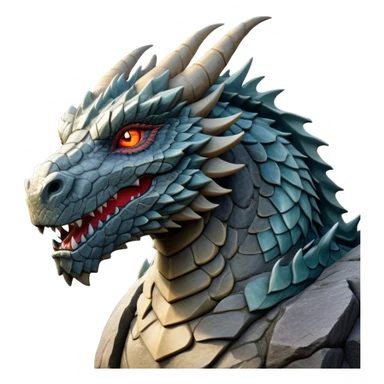 Cinematic Noble Giant Rock Dragon Portrait Emoji, Poised and awe-inspiring, with a massive, rugged form carved from ancient stone, featuring intricately textured scales that resemble weathered granite and basalt, and piercing, stony eyes echoing the strength of timeless mountains; rendered with lifelike detail and earthy natural highlights, high shine, formidable and grounded, styled with an aura of primordial majesty, focused and resolute, soft glowing outline, capturing the essence of an enduring rock titan ready to surge from the screen with ageless power! sticker