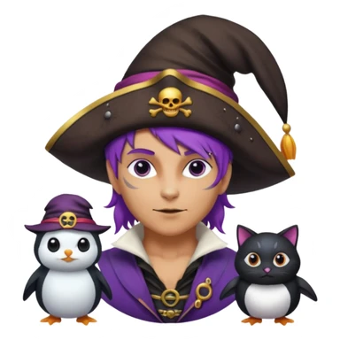 Um homem vestido de pirata,um gato de mágico,uma mulher de cabelos roxos e um pinguin vestido de bruxa sticker