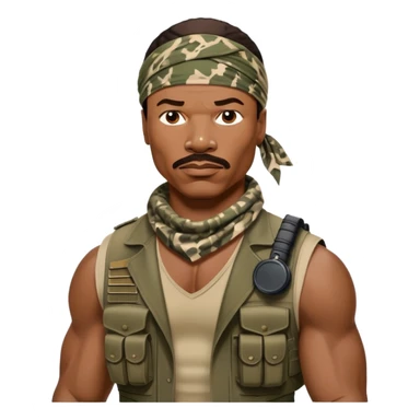 Carl Weathers as Dillon from Predator movie, muscular man in military gear with bandana sticker