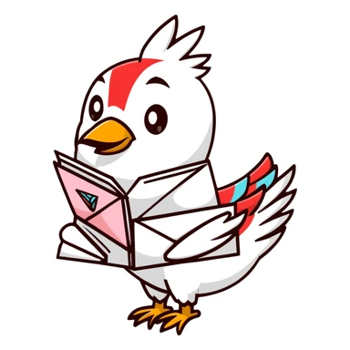 Mayan style bird carrying mail, love letter with heart, envelope with message, all with clean geometric lines sticker