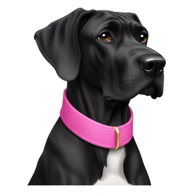 An all black great dane wearing a pink collar sticker
